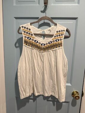 Caslon Cream Tank with Navy & Mustard Embroidery